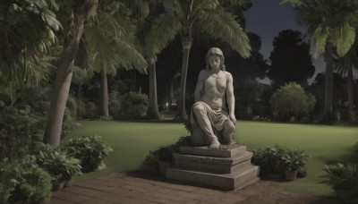 solo,1boy,navel,sitting,closed mouth,nipples,male focus,outdoors,sky,barefoot,pants,tree,muscular,night,abs,grass,pectorals,plant,scenery,topless male,stairs,palm tree,potted plant,bush,statue,short hair,brown hair,muscular male,nature,dark,pillar