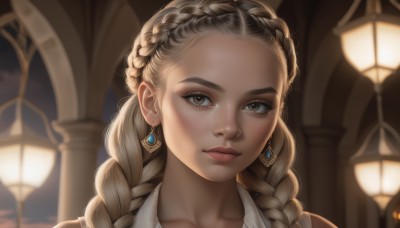 1girl,solo,long hair,looking at viewer,blonde hair,brown hair,bare shoulders,brown eyes,jewelry,closed mouth,collarbone,braid,earrings,sky,artist name,blurry,twin braids,lips,eyelashes,night,depth of field,blurry background,portrait,forehead,freckles,realistic,nose,shirt,white shirt,thick eyebrows,gem,crown braid