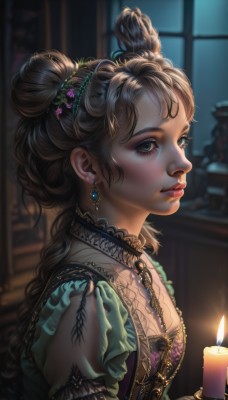 1girl,solo,long hair,breasts,looking at viewer,bangs,blue eyes,brown hair,hair ornament,long sleeves,dress,holding,cleavage,jewelry,closed mouth,upper body,braid,flower,short sleeves,earrings,small breasts,frills,parted lips,choker,puffy sleeves,artist name,indoors,hair flower,necklace,hair bun,mole,blurry,from side,lips,looking to the side,eyelashes,window,double bun,makeup,night,depth of field,blurry background,watermark,wavy hair,fire,lipstick,brooch,gem,lace trim,lace,eyeshadow,freckles,curly hair,realistic,nose,purple flower,red lips,candle,mascara,candlestand,lace-trimmed sleeves,multiple braids,candlelight,black hair,mole under eye,green dress