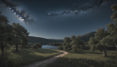 outdoors,sky,cloud,water,tree,no humans,night,grass,star (sky),nature,night sky,scenery,forest,starry sky,road,river,landscape,blue sky,path,milky way