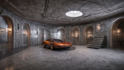 indoors,no humans,window,ground vehicle,scenery,motor vehicle,stairs,realistic,door,car,light,road,vehicle focus,lamppost,street,wheel,sports car,rain,candle,arch