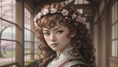 1girl,solo,long hair,looking at viewer,brown hair,hair ornament,brown eyes,upper body,flower,hairband,parted lips,japanese clothes,day,indoors,hair flower,blurry,tree,lips,eyelashes,window,makeup,wavy hair,cherry blossoms,portrait,curly hair,realistic,nose,blush,bangs,outdoors,depth of field,blurry background,leaf,branch,head wreath