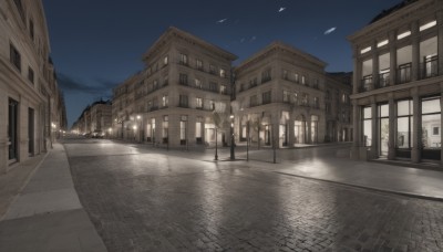 solo,outdoors,sky,cloud,tree,no humans,window,night,bird,building,star (sky),night sky,scenery,city,door,road,house,lamppost,street,day,blue sky,cityscape,pavement,crosswalk,vanishing point,sidewalk