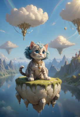 solo,blue eyes,jewelry,sitting,blue hair,outdoors,sky,day,artist name,cloud,signature,water,necklace,blue sky,no humans,animal,watermark,cat,grass,looking up,scenery,web address,curly hair,mountain,fantasy,sun,rainbow,floating island,animal ears,tail,cat ears,tree,furry,reflection,aircraft,furry female,animal focus,whiskers,grey fur