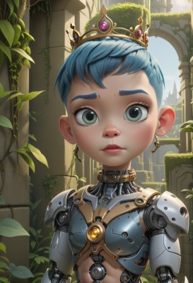 1girl,solo,looking at viewer,short hair,jewelry,green eyes,blue hair,upper body,earrings,outdoors,parted lips,teeth,day,armor,lips,eyelashes,crown,plant,freckles,science fiction,android,joints,very short hair,mechanical arms,ruins,vines,cyborg,single mechanical arm,robot joints,mechanical parts,artist name,leaf,robot,gem,overgrown,ivy