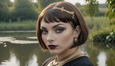 1girl,solo,looking at viewer,short hair,bangs,brown hair,brown eyes,jewelry,closed mouth,hairband,earrings,outdoors,day,water,necklace,blurry,lips,makeup,depth of field,blurry background,bob cut,lipstick,portrait,freckles,realistic,nose,eyelashes,red lips