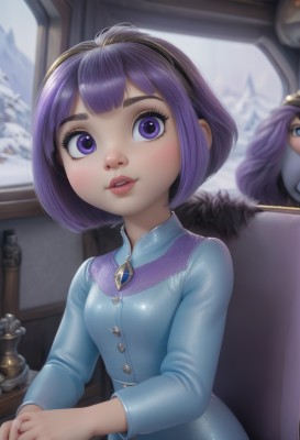 1girl,solo,breasts,looking at viewer,smile,short hair,bangs,shirt,long sleeves,dress,jewelry,sitting,purple eyes,upper body,purple hair,hairband,small breasts,parted lips,teeth,solo focus,shiny,artist name,indoors,signature,blunt bangs,blurry,shiny hair,lips,eyelashes,window,makeup,mask,blurry background,blue dress,bob cut,own hands together,black hairband,lipstick,brooch,gem,pink lips,nose,red lips,blue gemstone,blush,day,tree,buttons,watermark,chair,thick eyebrows,web address,snow,reflection,mirror,realistic,winter,fine art parody,deviantart username,pine tree