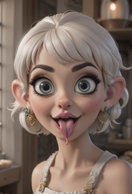 1girl,solo,looking at viewer,smile,short hair,open mouth,bangs,dress,bare shoulders,jewelry,collarbone,upper body,white hair,earrings,teeth,tongue,artist name,indoors,tongue out,white dress,blurry,lips,grey eyes,eyelashes,saliva,makeup,depth of field,blurry background,fangs,thick eyebrows,lipstick,portrait,freckles,realistic,nose,mascara,forked tongue,blush,blue eyes,blonde hair,green eyes