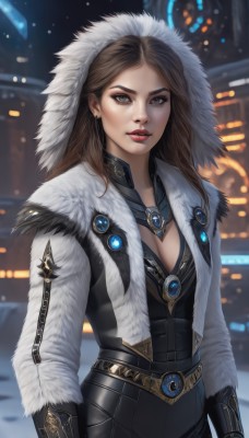 1girl,solo,long hair,breasts,looking at viewer,brown hair,cleavage,brown eyes,jewelry,medium breasts,jacket,earrings,parted lips,open clothes,artist name,hood,blurry,lips,coat,fur trim,makeup,blurry background,lipstick,brooch,gem,hood up,realistic,nose,red lips,gloves,long sleeves,standing,upper body,belt,signature,necklace,bodysuit