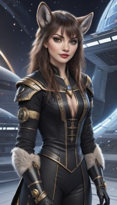 1girl,solo,long hair,breasts,looking at viewer,brown hair,gloves,animal ears,cleavage,brown eyes,jewelry,medium breasts,closed mouth,standing,tail,cowboy shot,earrings,black gloves,pants,artist name,armor,lips,animal ear fluff,fur trim,clothing cutout,makeup,black pants,cleavage cutout,lipstick,brooch,gauntlets,gem,extra ears,science fiction,red lips,space,planet,bangs,signature,fox ears,star (sky),realistic,nose