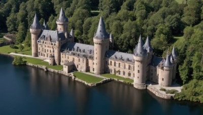 outdoors,day,water,tree,no humans,building,nature,scenery,forest,fantasy,bridge,river,castle,tower,lake,blurry,reflection,green theme,landscape,arch