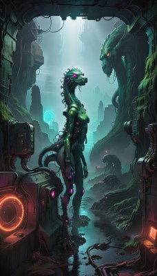 1girl,solo,breasts,standing,tail,water,from side,bodysuit,glowing,looking up,robot,glowing eyes,machinery,science fiction,snake,cable,ruins,cyborg,alien,neon trim,cyberpunk,wire,tube,open mouth,red eyes,teeth,pink eyes,no humans,sharp teeth,claws,monster