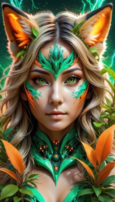 1girl,solo,long hair,breasts,looking at viewer,blonde hair,animal ears,cleavage,medium breasts,closed mouth,green eyes,upper body,artist name,cat ears,signature,mole,lips,animal ear fluff,fox ears,eyelashes,makeup,glowing,leaf,watermark,wavy hair,facial mark,plant,slit pupils,portrait,close-up,eyeshadow,freckles,green background,nose,eyeliner,mascara,realistic