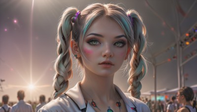 1girl,long hair,looking at viewer,bangs,multiple girls,blonde hair,shirt,twintails,jewelry,green eyes,blue hair,collarbone,white shirt,upper body,braid,multicolored hair,earrings,outdoors,parted lips,multiple boys,teeth,solo focus,collared shirt,artist name,indoors,necklace,blurry,twin braids,two-tone hair,lips,eyelashes,makeup,depth of field,blurry background,piercing,sunlight,portrait,lens flare,pendant,backlighting,freckles,6+boys,light rays,pink lips,realistic,nose,hair tie,sun,red lips,stud earrings,crowd,mascara,aqua hair,tattoo,lipstick,eyeshadow,lights