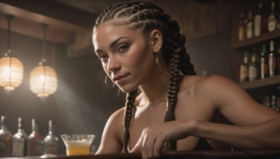 1girl,solo,long hair,looking at viewer,brown hair,black hair,brown eyes,jewelry,collarbone,upper body,braid,nude,earrings,parted lips,indoors,dark skin,blurry,twin braids,dark-skinned female,cup,lips,grey eyes,depth of field,blurry background,bottle,forehead,alcohol,drinking glass,freckles,hoop earrings,realistic,nose,glass,very dark skin,bar (place),multiple braids,whiskey,mole,makeup,piercing