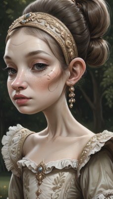 1girl,solo,looking at viewer,brown hair,dress,jewelry,collarbone,upper body,short sleeves,earrings,outdoors,frills,parted lips,puffy sleeves,hair bun,blurry,black eyes,puffy short sleeves,lips,grey eyes,eyelashes,makeup,blurry background,single hair bun,tiara,gem,portrait,freckles,realistic,hair pulled back,blush,brown eyes,closed mouth,hairband,mole,mole under eye,nose