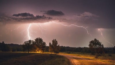 outdoors,sky,cloud,tree,no humans,cloudy sky,grass,fire,nature,scenery,forest,sunset,mountain,electricity,road,lightning,landscape,path