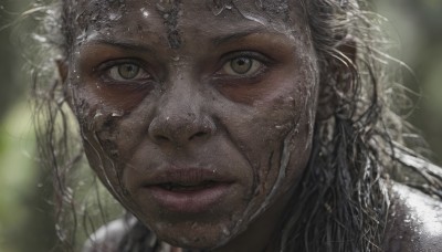 1girl,solo,long hair,looking at viewer,brown eyes,jewelry,closed mouth,yellow eyes,braid,white hair,grey hair,signature,dark skin,blurry,dark-skinned female,lips,wet,eyelashes,depth of field,blurry background,portrait,close-up,realistic,nose,1boy,male focus,facial hair,beard,freckles