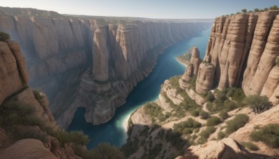 outdoors,sky,day,water,tree,no humans,ocean,nature,scenery,forest,rock,mountain,river,waterfall,landscape,cliff,cave,blue sky,sunlight,fantasy