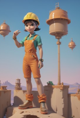 1girl,solo,looking at viewer,smile,short hair,shirt,black hair,hat,twintails,brown eyes,jewelry,closed mouth,standing,full body,short sleeves,boots,outdoors,sky,shoes,shorts,day,socks,collared shirt,black eyes,bracelet,blue sky,brown footwear,helmet,wristband,sneakers,child,watch,green shirt,female child,wristwatch,overalls,yellow headwear,brown hair,overall shorts