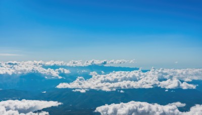 monochrome,outdoors,sky,day,cloud,blue sky,no humans,ocean,cloudy sky,scenery,blue theme,horizon,landscape,above clouds,bird,nature,mountain,island