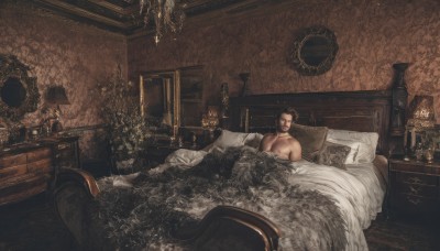 solo,looking at viewer,short hair,brown hair,black hair,1boy,nipples,male focus,nude,indoors,pillow,bed,muscular,bed sheet,facial hair,on bed,pectorals,plant,muscular male,scenery,bara,beard,mature male,blanket,lamp,wide shot,naked sheet,lying,chair,sleeping,topless male,realistic,manly,under covers