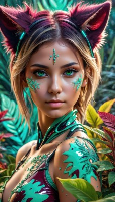 1girl,solo,breasts,looking at viewer,short hair,blonde hair,animal ears,cleavage,bare shoulders,jewelry,medium breasts,closed mouth,green eyes,swimsuit,upper body,bikini,hairband,artist name,cat ears,necklace,blurry,lips,eyelashes,tattoo,makeup,fake animal ears,leaf,watermark,facial mark,plant,portrait,web address,eyeshadow,freckles,pink lips,realistic,nose,eyeliner,whisker markings,facepaint,mascara,braid,multicolored hair,fox ears,tank top