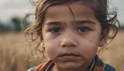 1girl,solo,looking at viewer,short hair,brown hair,brown eyes,closed mouth,outdoors,day,blurry,lips,floating hair,depth of field,blurry background,expressionless,wind,messy hair,portrait,close-up,realistic,nose,freckles,serious