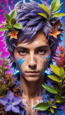 solo,looking at viewer,short hair,hair ornament,1boy,brown eyes,closed mouth,blue hair,purple hair,flower,male focus,artist name,hair flower,lips,leaf,facial mark,plant,portrait,freckles,realistic,nose,facepaint,paint splatter,paint,upper body,colorful