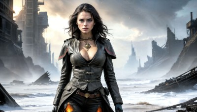 HQ,1girl,solo,long hair,breasts,looking at viewer,blue eyes,large breasts,black hair,gloves,cleavage,jewelry,weapon,cowboy shot,outdoors,sky,belt,pants,cloud,necklace,armor,lips,black pants,cloudy sky,building,snow,pendant,realistic,ruins,medium breasts,choker,science fiction