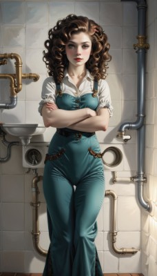 1girl,solo,long hair,breasts,looking at viewer,brown hair,shirt,hair ornament,brown eyes,medium breasts,standing,collarbone,white shirt,short sleeves,parted lips,hairclip,collared shirt,indoors,lips,makeup,feet out of frame,thigh gap,crossed arms,lipstick,curly hair,realistic,nose,tiles,red lips,overalls,tile floor,bathroom,bathtub,tile wall,belt,watermark,web address