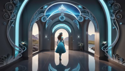 1girl,solo,long hair,brown hair,dress,standing,flower,sky,indoors,water,from behind,high heels,window,blue dress,shadow,crown,white flower,star (sky),scenery,reflection,facing away,wide shot,aqua dress,reflective floor,black hair,dark skin,dark-skinned female,night,butterfly,night sky,starry sky,striped dress,pillar