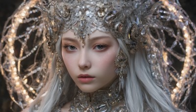 1girl,solo,long hair,looking at viewer,hair ornament,jewelry,closed mouth,white hair,grey hair,parted lips,artist name,blurry,lips,grey eyes,eyelashes,makeup,headgear,lipstick,portrait,freckles,realistic,red lips,expressionless,gem,close-up,headpiece,nose