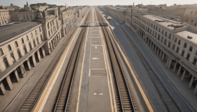 outdoors,day,no humans,ground vehicle,building,scenery,stairs,city,railing,road,cityscape,bridge,train,train station,railroad tracks,real world location,sky