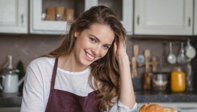 1girl,solo,long hair,looking at viewer,smile,blue eyes,brown hair,shirt,long sleeves,brown eyes,white shirt,upper body,food,teeth,indoors,grin,blurry,apron,lips,depth of field,blurry background,hand in own hair,realistic,hand on own head,kitchen,fruit,orange (fruit)