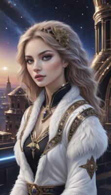 1girl,solo,long hair,breasts,looking at viewer,blue eyes,blonde hair,hair ornament,dress,cleavage,jewelry,medium breasts,upper body,hairband,earrings,outdoors,parted lips,sky,necklace,lips,coat,grey eyes,fur trim,makeup,night,wavy hair,brooch,building,gem,star (sky),night sky,starry sky,gold trim,realistic,nose,white coat,red lips,eyelashes,detached collar,eyeshadow,fur collar,eyeliner