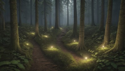 outdoors,tree,no humans,night,glowing,leaf,sunlight,grass,plant,nature,scenery,forest,light rays,light,dark,fireflies,fantasy,bush,path