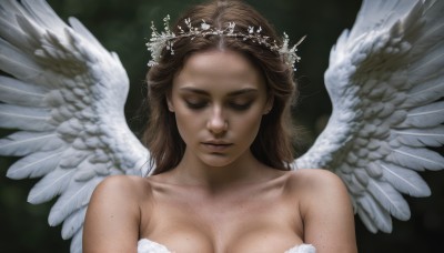 1girl,solo,long hair,breasts,large breasts,brown hair,cleavage,bare shoulders,medium breasts,closed mouth,collarbone,closed eyes,upper body,wings,blurry,lips,feathered wings,facing viewer,freckles,mole on breast,angel wings,realistic,white wings,angel,head wreath,jewelry,earrings,mole,halo,body freckles