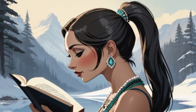 1girl,solo,long hair,blush,black hair,hair ornament,holding,bare shoulders,jewelry,closed mouth,closed eyes,ponytail,earrings,outdoors,dark skin,necklace,from side,dark-skinned female,tree,lips,book,profile,makeup,lipstick,portrait,nature,snow,forest,holding book,beads,mountain,open book,reading,winter,bead necklace,pearl necklace,smile,day,artist name,red lips