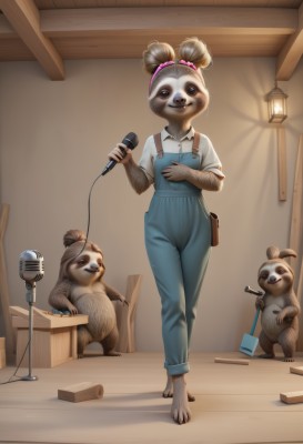 1girl,solo,looking at viewer,smile,short hair,brown hair,shirt,hair ornament,holding,brown eyes,standing,full body,white shirt,short sleeves,hairband,barefoot,collared shirt,artist name,indoors,hair bun,black eyes,chair,microphone,furry,walking,dog,realistic,furry female,lamp,overalls,holding microphone,ladder,fine art parody,blue overalls,animal ears,teeth,music,microphone stand