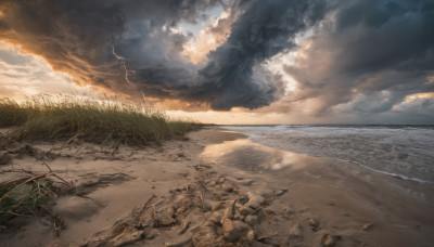 outdoors, sky, cloud, water, no humans, ocean, beach, cloudy sky, grass, scenery, rock, sand, horizon, lightning, shore