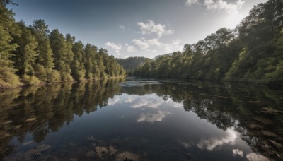 outdoors,sky,day,cloud,water,tree,blue sky,no humans,cloudy sky,nature,scenery,forest,reflection,mountain,river,landscape,lake,reflective water,sunlight