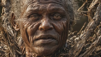 solo,looking at viewer,1boy,brown eyes,closed mouth,white hair,male focus,blurry,facial hair,scar,portrait,close-up,realistic,old,old man,wrinkled skin,smile,teeth,beard