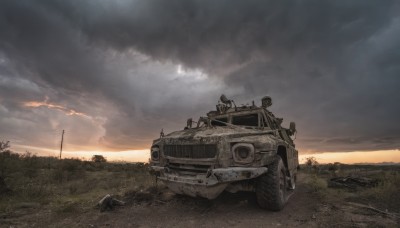 weapon,outdoors,sky,cloud,tree,military,no humans,cloudy sky,grass,ground vehicle,nature,scenery,motor vehicle,sunset,military vehicle,road,tank,vehicle focus,evening,caterpillar tracks,world war ii,1boy,gun,car,ruins,truck,tire