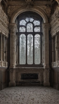 day,indoors,tree,no humans,window,scenery,stairs,candle,architecture,pillar,statue,stained glass,church,arch,candlestand,chandelier,column,stone floor,fantasy,door,wall,bare tree,gate,pavement,stone wall,vanishing point