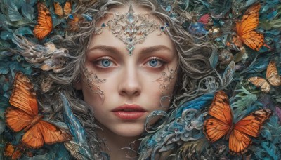 1girl,solo,long hair,looking at viewer,blue eyes,closed mouth,grey hair,parted lips,lips,eyelashes,makeup,bird,animal,leaf,facial mark,bug,plant,lipstick,gem,butterfly,portrait,close-up,circlet,red lips,blue butterfly,blonde hair,jewelry,flower,water,realistic,nose