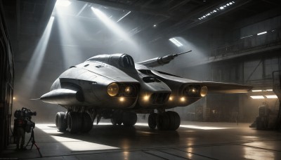 HQ,weapon,multiple boys,indoors,signature,military,helmet,robot,science fiction,light rays,realistic,aircraft,airplane,light,multiple others,vehicle focus,spacecraft,lights,spotlight,jet,fighter jet,no humans,sunlight,ground vehicle,mecha,motor vehicle,flying,military vehicle,sunbeam