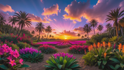 flower, outdoors, sky, cloud, tree, no humans, sunlight, cloudy sky, grass, plant, scenery, pink flower, sunset, palm tree, purple flower, sun, road, bush, path