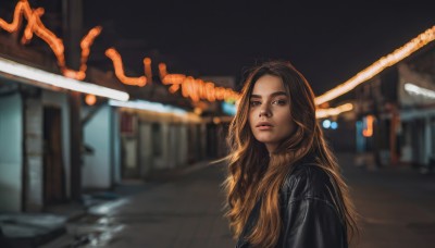 1girl,solo,long hair,looking at viewer,brown hair,brown eyes,closed mouth,jacket,upper body,outdoors,blurry,sweater,lips,black jacket,night,depth of field,blurry background,realistic,nose,road,leather,street,leather jacket,from side,looking to the side,turtleneck,thick eyebrows,ribbed sweater,turtleneck sweater,black sweater,neon lights