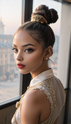 1girl,solo,breasts,looking at viewer,smile,brown hair,shirt,black hair,hair ornament,dress,bare shoulders,brown eyes,jewelry,white shirt,upper body,earrings,small breasts,parted lips,sleeveless,looking back,indoors,dark skin,hair bun,mole,blurry,from side,dark-skinned female,lips,eyelashes,window,sleeveless shirt,makeup,blurry background,single hair bun,lipstick,realistic,nose,red lips,short hair,necklace,white dress